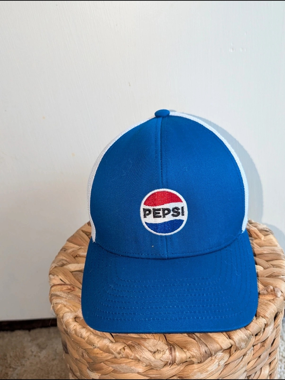 Pepsi Classic Logo Adjustable Trucker Hat White Mesh Snapback Cap Royal Blue